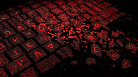 Chaos unfolds as database lock symbols shatter into fragments, depicting the effects of a ransomware attack in striking black and red tones.の素材