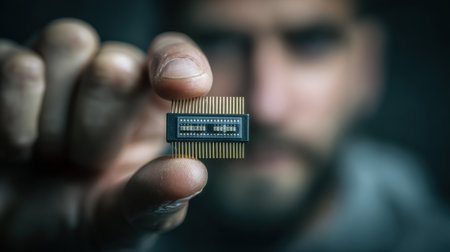 Engineer holds a microchip in front of him, highlighting advancements in electronics and technology in a modern lab environment.の素材