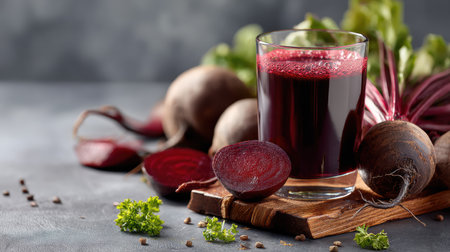 Freshly prepared beetroot juice sits in a glass on a kitchen counter surrounded by beetroots and greens, highlighting nutrition and wellness.の素材