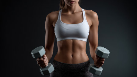 Focused female torso holding dumbbells with engaged core muscles, showing strength and fitness in a dark gym environment during workout.の素材