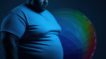 A man stands while showing a noticeable fat belly next to a colorful graphic illustrating calorie counts, emphasizing nutrition awareness.の素材