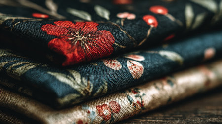 Richly patterned fabrics showcase floral designs in clear lighting, perfect for crafts, decor, or fashion projects. Blank space allows for added text.の素材