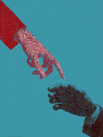 A human hand reaches towards a robotic hand, symbolizing the merging of human creativity with artificial intelligence in a collaborative effort.の素材