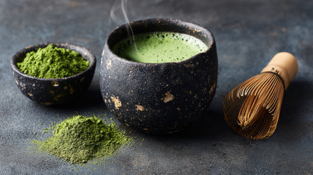 A cup of hot green matcha tea sits next to powdered matcha and a whiskey on a minimal, modern surface, showing a healthy drink option.の素材