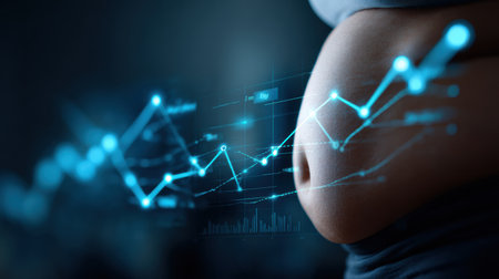 A fat belly is shown with a calorie count chart graphic overlay, highlighting the importance of monitoring nutrition and health choices.の素材