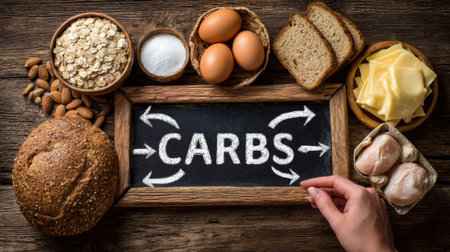 Groceries are arranged with labels for carbs, proteins, and fats, showing how they contribute to belly health in an educational layout.の素材