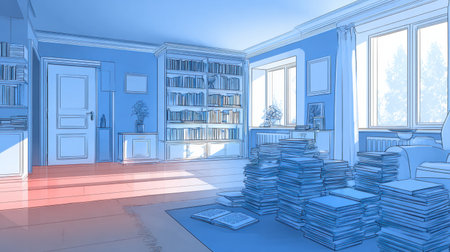 This home library showcases stacked books in a serene environment with plenty of natural light flooding in.の素材