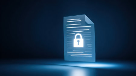 A glowing keyhole icon appears on an encrypted document thumbnail, emphasizing digital privacy with a sleek and minimal appearance.の素材