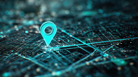 A digital map highlights a pulsing delivery icon navigating through the city grid, indicating active delivery routes and locations.の素材