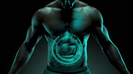 A coach displays a calorie graph on an athletes belly to enhance motivation during an intense training session in a modern fitness studio.の素材