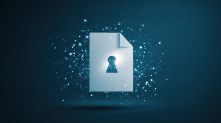 Glowing keyhole icon represents digital privacy on a clean encrypted document thumbnail, highlighting the importance of data security.の素材