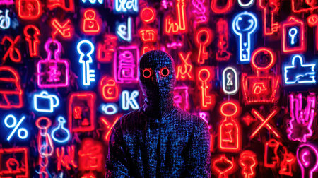A masked figure sits closely surrounded by vibrant unlock symbols, embodying a theme of data leakage in a neon-lit environment.の素材
