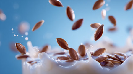 Flax seeds are falling onto a smooth layer of yogurt, showing a healthy snack option rich in nutrients for a balanced diet.の素材