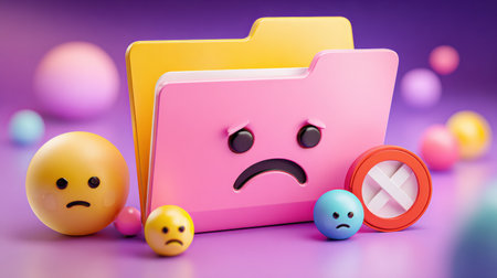 A folder icon features a sad face and an error badge, surrounded by various colorful round objects conveying disappointment or confusion.の素材