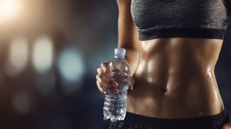 After an intense workout, a female athlete applies an ice-cold water bottle to her belly for refreshing recovery in a fitness studio.の素材