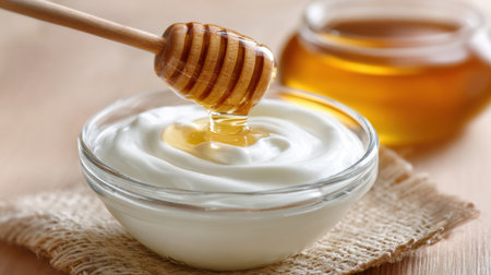 Creamy low-fat yogurt is topped with golden honey in a cozy kitchen setting, perfect for a healthy and tasty snack.の素材