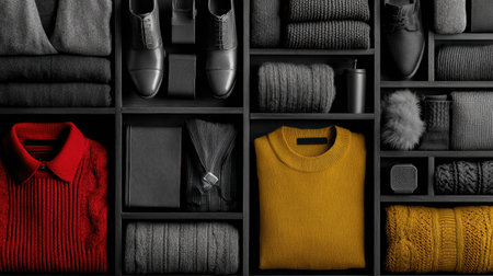 A monochrome capsule wardrobe has a structured arrangement showing gray items with a standout red sweater and a yellow knit.の素材
