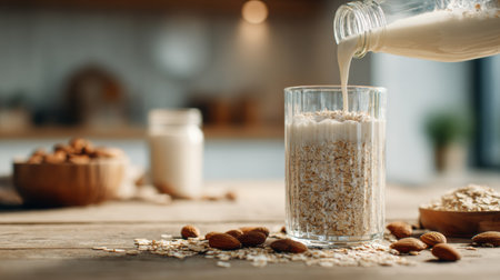 Oatmeal is poured with almond milk into a glass in a stylish kitchen, emphasizing a balanced diet and simple elegance in meal preparation.の素材