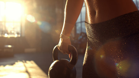 Performing a kettlebell clean lift in a vibrant gym, highlighted by sweat sparkling under the bright lights, emphasizes strength and effort.の素材