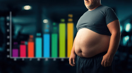 A man with a noticeable belly stands beside a colorful calorie count chart, representing nutrition concepts and health education.の素材