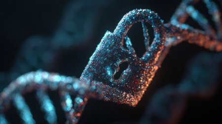 Highlighting a futuristic holographic lock that merges with a digital DNA strand, showing advancements in biometric security for healthcare.の素材