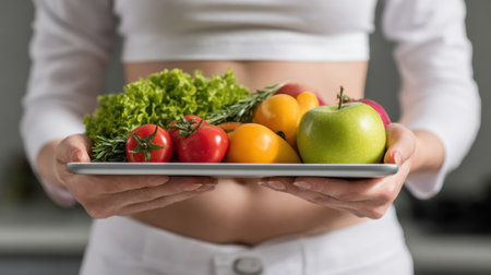 Nutritionist displays a digital tablet showing a diet plan while showing fresh fruits and vegetables in a clinic setting.の素材