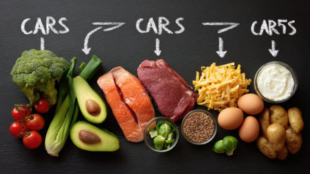 This educational flat lay shows various groceries labeled carbs, proteins, and fats, emphasizing their impact on belly health.の素材