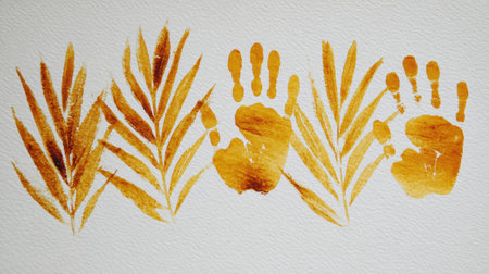 Palm prints in vibrant yellow color are artistically arranged alongside leaf patterns on a clean white surface, emphasizing creativity.の素材