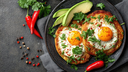 Delicious low-carb tortillas with avocado and egg served alongside fresh herbs and chili peppers on a modern dish.の素材