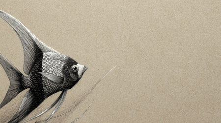 A detailed black and white drawing of a fish is set against a beige textured background, creating a calm and minimalist atmosphere.の素材