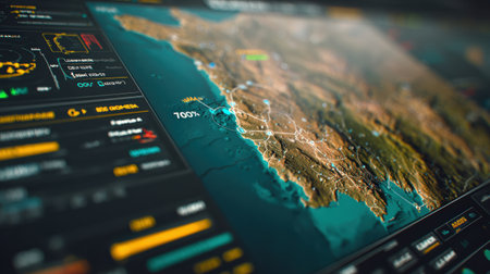 Surveillance drone UI displays a glitched tactical map showcasing espionage activities in a coastal region during a nighttime operation.の素材