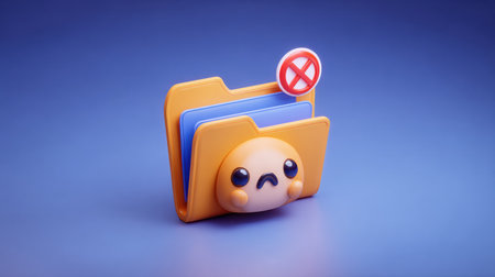 Illustration shows a folder icon with a sad expression and an error badge, representing issues faced in file management and storage.の素材