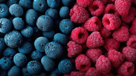 Close-up view captures frost on blueberries and raspberries, highlighting the texture and color of these seasonal fruits.の素材