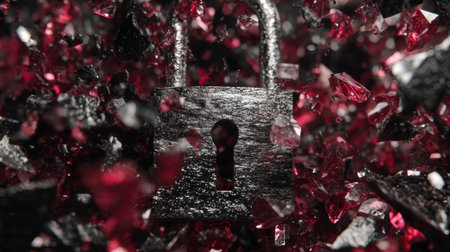 A black database lock shatters into red crystal fragments, visually representing the chaos of a ransomware attack in a dark setting.の素材
