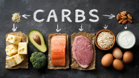 This educational layout showcases essential groceries labeled with their nutrient categories, highlighting their effect on belly health.の素材