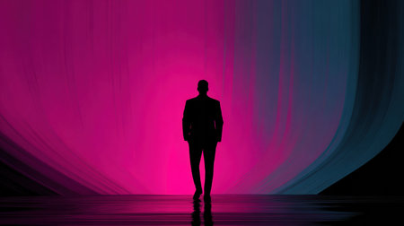 A silhouette stands confidently against a vibrant neon backdrop, symbolizing privacy and identity protection in a digital world.の素材