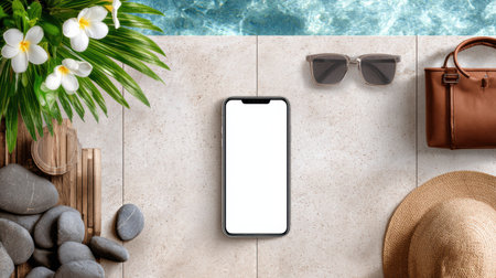 A mockup phone sits on a textured surface by the pool, accompanied by sunglasses, a hat, and tropical plants, showing summer vibes.の素材