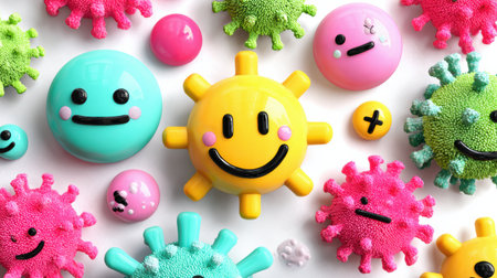Colorful microbes with friendly expressions and various shapes spread joy against a simple white setting, inviting smiles and curiosity.の素材