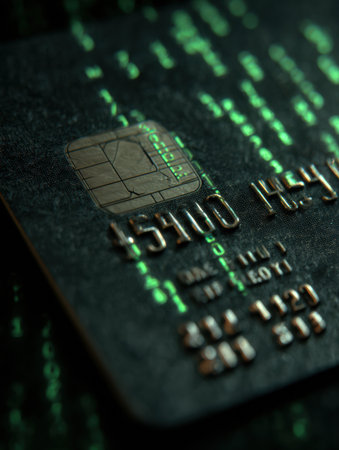 A credit card is targeted by glowing green digital code, illustrating the threat of cyber theft in modern finance.の素材