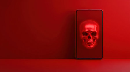A smartphone shows a menacing red skull pop-up on its screen, indicating a malware attack in a dark environment.の素材