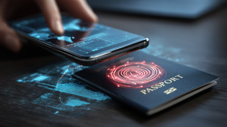 A smartphone scans a passport displaying an encrypted symbol, showing advancements in travel security technology in a modern setting.の素材