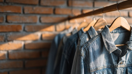 Denim jackets on wooden hangers create a minimalist display against a rustic brick wall, illuminated by warm natural light.の素材