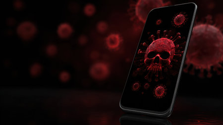A smartphone displays a red skull pop-up, warning users of a malware attack. The screen highlights the severity of the infection.の素材