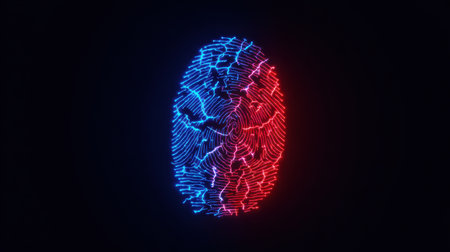 A cracked fingerprint icon appears with glitch effects in dark blue and red neon colors, highlighting themes of identity theft and security risks.の素材