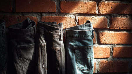 Various denim jeans hang neatly against a rustic brick wall bathed in warm, natural light, creating a minimalist setting.の素材