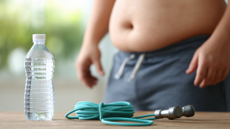 A person stands with a fat belly beside a bottle of water and a jump rope, highlighting essential tools for weight loss and fitness.の素材