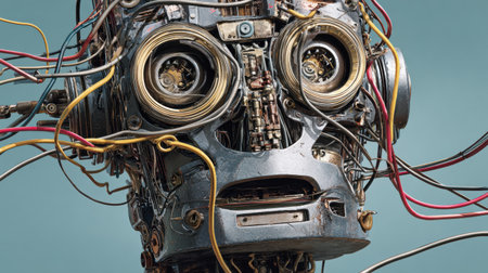 A broken robot displays loose wires and a perplexed face, showing its damaged state with a clean left margin.の素材