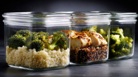 Healthy meal prep containers showcase chicken, quinoa, and broccoli, emphasizing a balanced fat burning diet for fitness.の素材