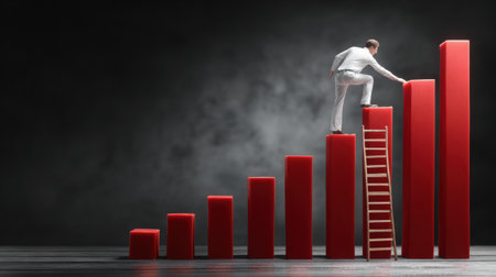 A person in white attire climbs a tall red graph symbolizing upward progress in business during a dramatic and focused moment.の素材