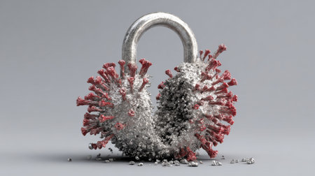 A lock icon morphs into a virus representation, symbolizing the shifting landscape of digital security and cyber threats today.の素材